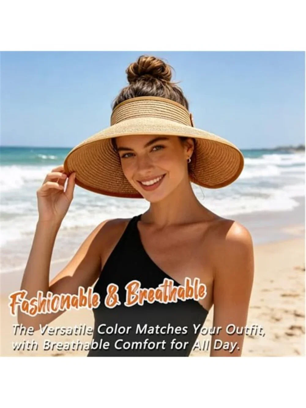 Sun Hats Visor for Women UV UPF Straw Beach Hat Foldable Wide Brim Ponytail